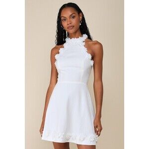 Lulus Profound Poise White Linen 3d Floral Mock Neck Mini Dress - Size M